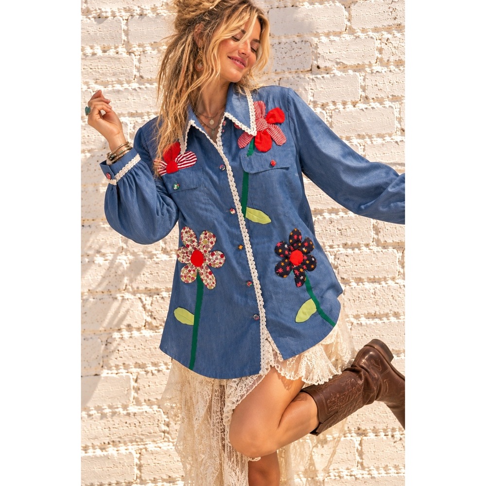 Vintage OOAK 70s Handmade Blue Lace Chambray Cotton 3D Flower Shirt Folk L